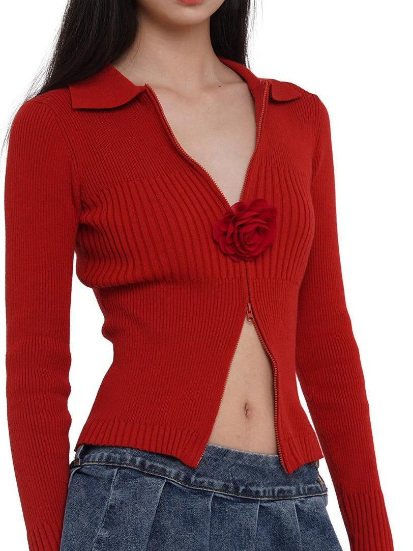 Flower Brooch Knit Two Way Zipper Slim Fit Women's Cotton Blend Cardigans
