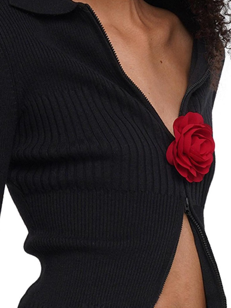 Flower Brooch Knit Two Way Zipper Slim Fit Women's Cotton Blend Cardigans