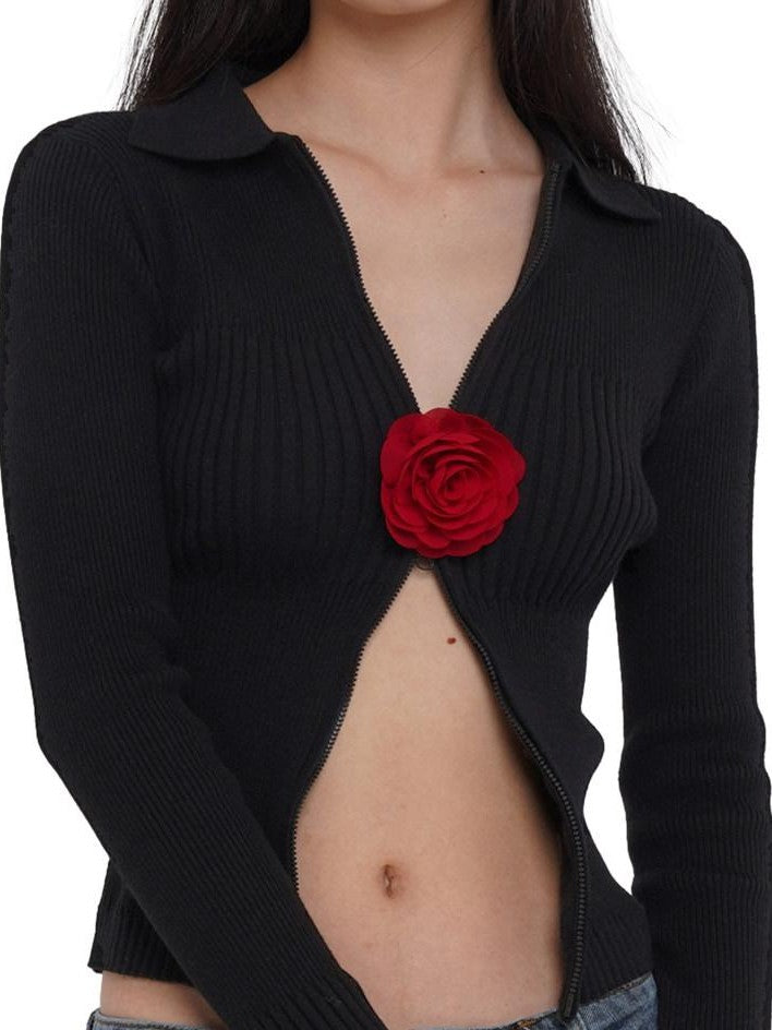 Flower Brooch Knit Two Way Zipper Slim Fit Women's Cotton Blend Cardigans