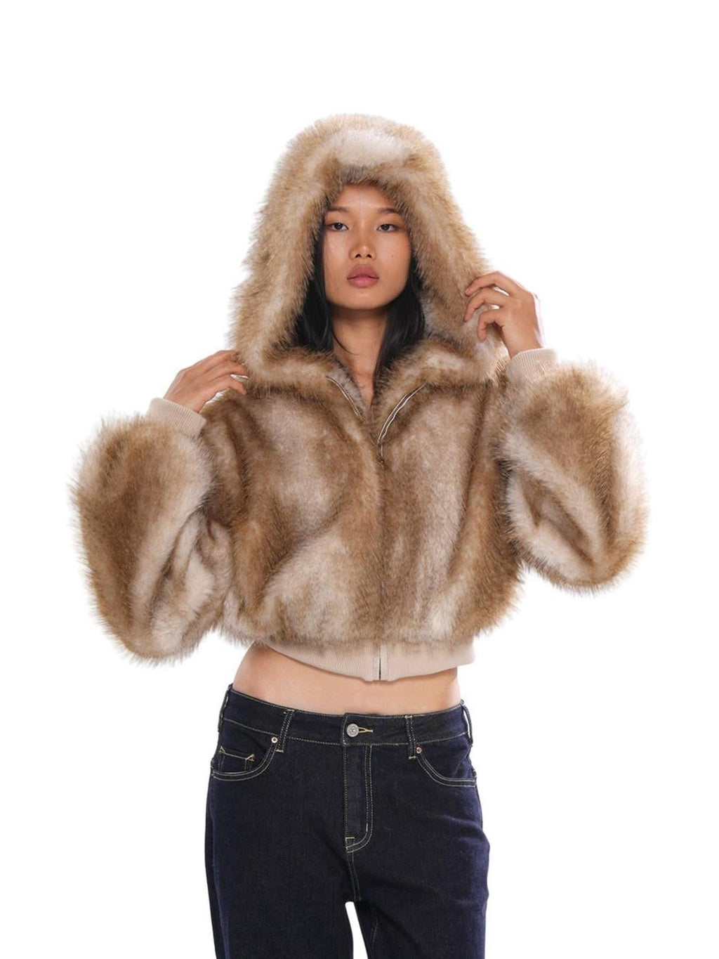 Fluffy Hooded Eco Faux Fur Women's Polyester Cropped Jackets