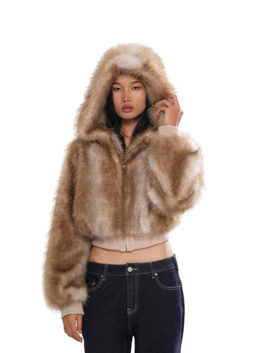 Fluffy Hooded Eco Faux Fur Women's Polyester Cropped Jackets