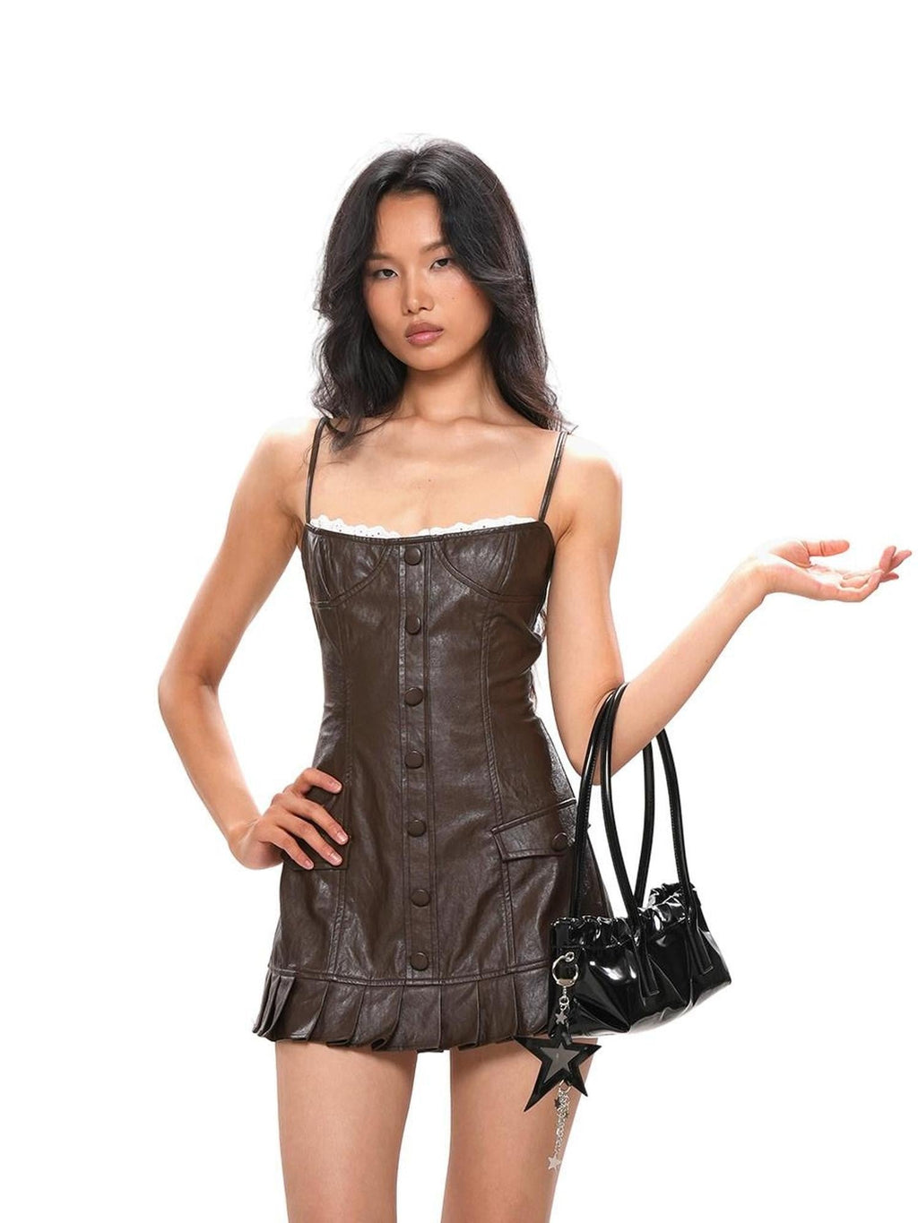 Glossy Star Logo Charm Double Chain Strap Women's Lamb Leather Baguette Handbags