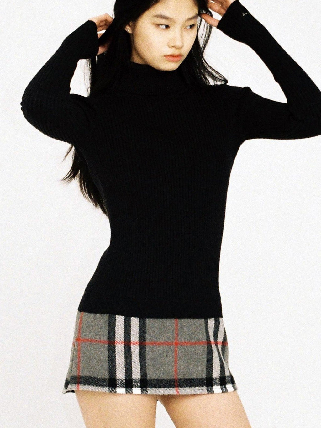 High Neck Fitted Knit Splice Faux Two Piece Women's Acrylic Corset Mini Dresses