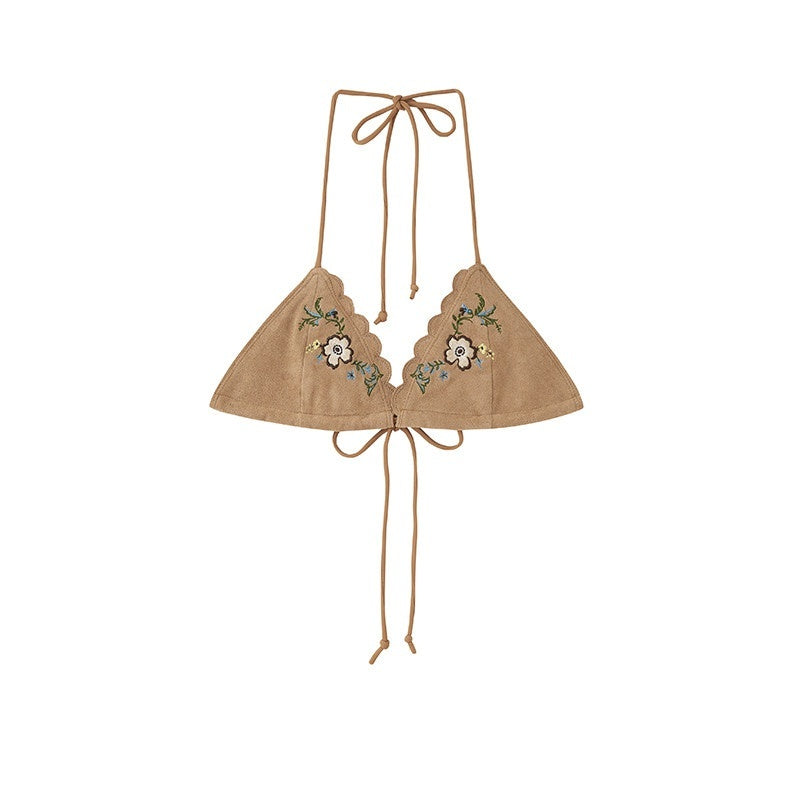 Khaki Embroidered Faux Suede Vest Hotpants Women's Polyester String Bikinis