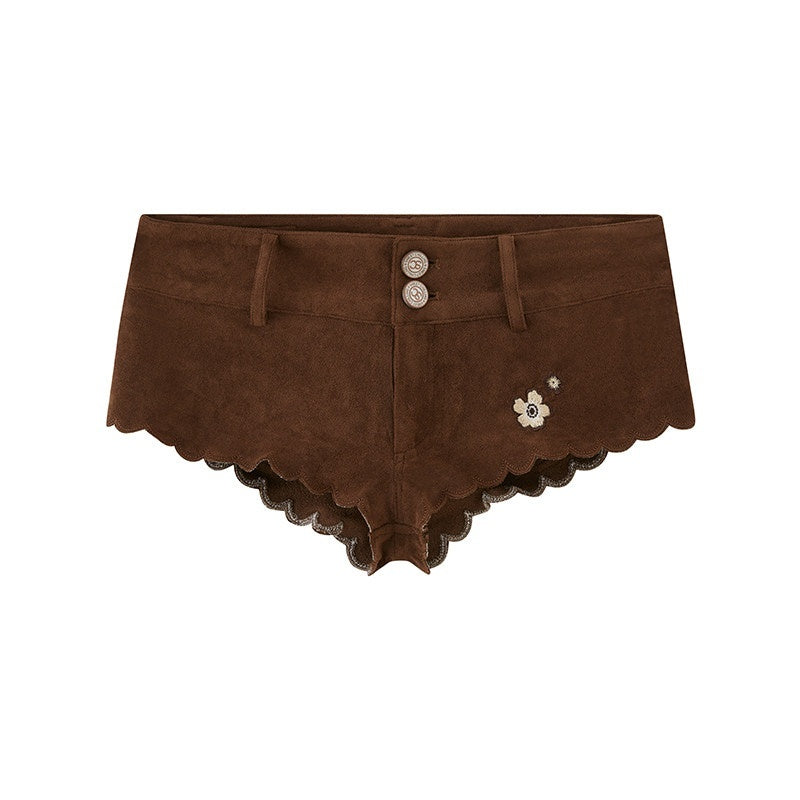 Khaki Embroidered Faux Suede Vest Hotpants Women's Polyester String Bikinis