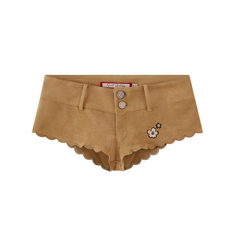 Khaki Embroidered Faux Suede Vest Hotpants Women's Polyester String Bikinis