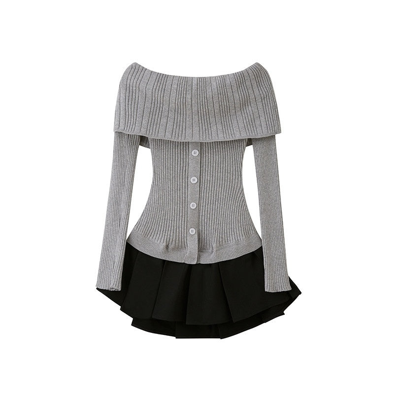 Knit Spliced Pleated Slim Women's Cotton Off-shoulder Mini Dresses