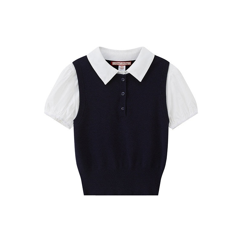 Knitted Polo Faux Two Piece Women's Viscose Cotton Casual Top & Shorts Sets