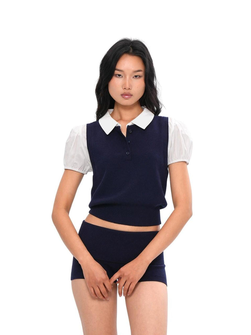 Knitted Polo Faux Two Piece Women's Viscose Cotton Casual Top & Shorts Sets