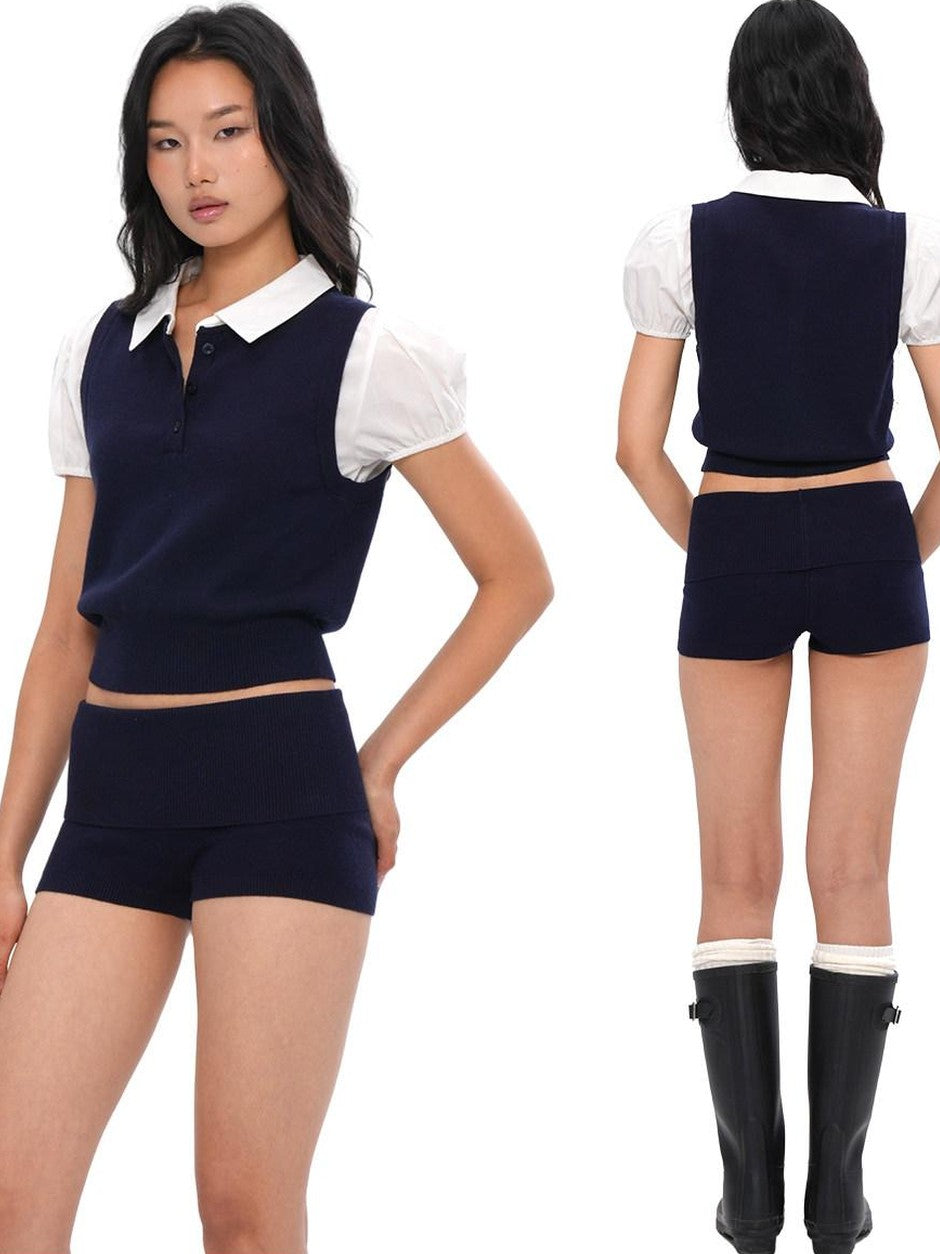 Knitted Polo Faux Two Piece Women's Viscose Cotton Casual Top & Shorts Sets