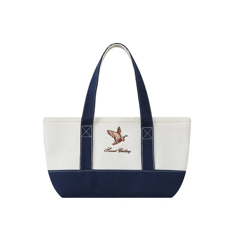 Navy Mallard Embroidered Farmhouse Tote Women's Canvas Handbags