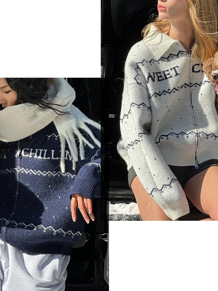 Nordic Logo Jacquard Knit Embroidered Women's Polyester Casual Jackets