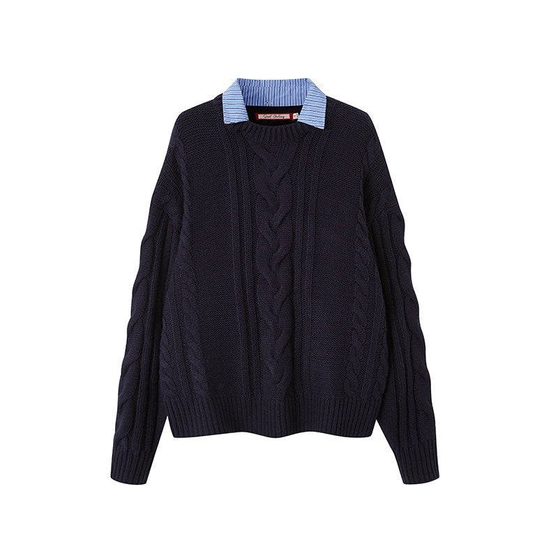 Oversize Chunky Cable Knit Detachable Striped Collar Women's Acrylic Shirts
