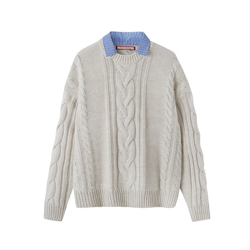 Oversize Chunky Cable Knit Detachable Striped Collar Women's Acrylic Shirts