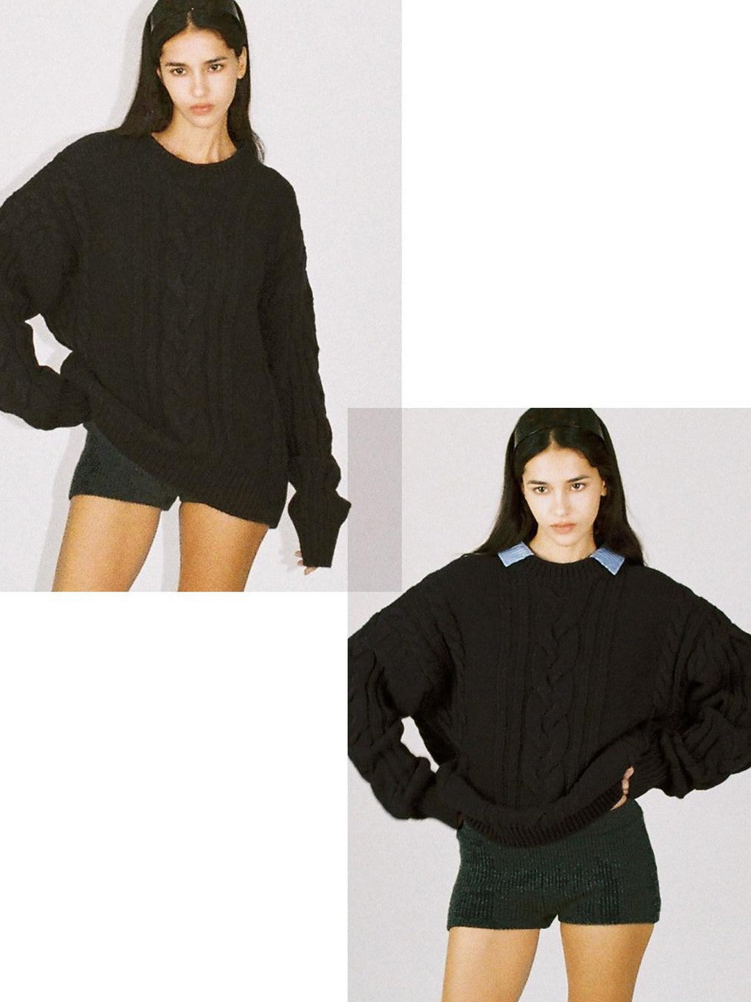 Oversize Chunky Cable Knit Detachable Striped Collar Women's Acrylic Shirts