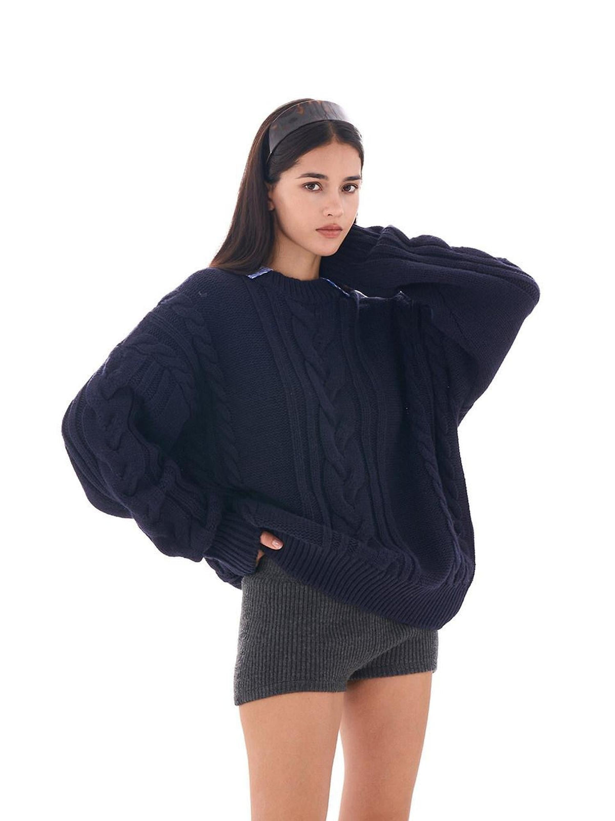 Oversize Chunky Cable Knit Detachable Striped Collar Women's Acrylic Shirts