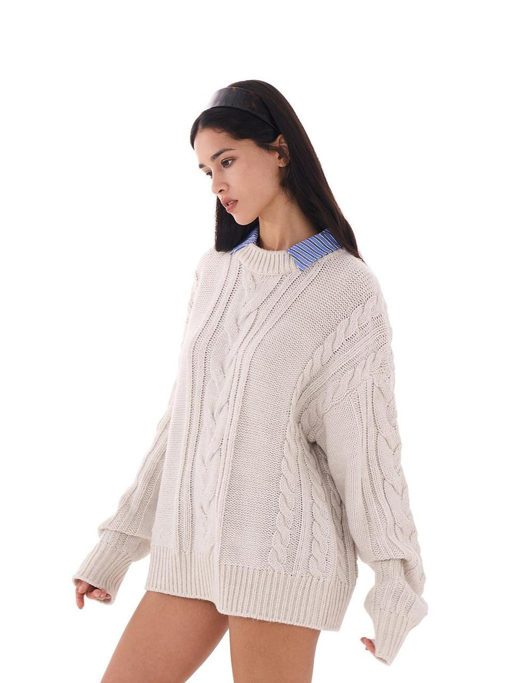 Oversize Chunky Cable Knit Detachable Striped Collar Women's Acrylic Shirts