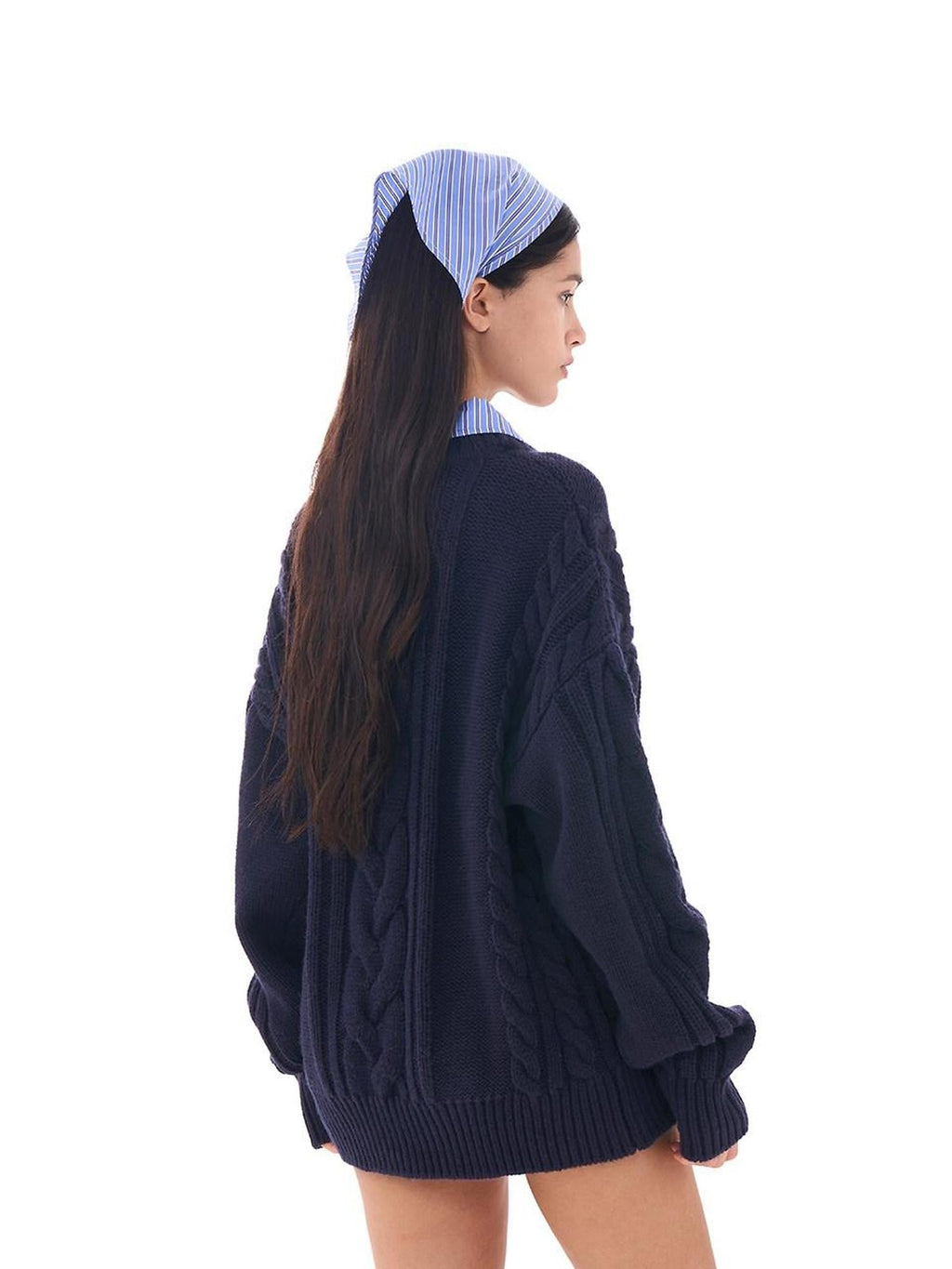Oversize Chunky Cable Knit Detachable Striped Collar Women's Acrylic Shirts
