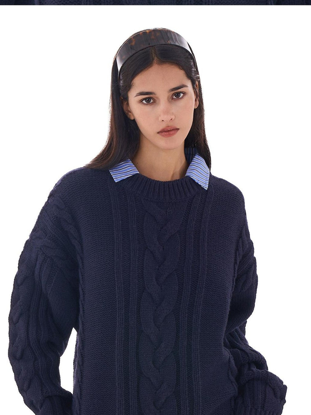 Oversize Chunky Cable Knit Detachable Striped Collar Women's Acrylic Shirts