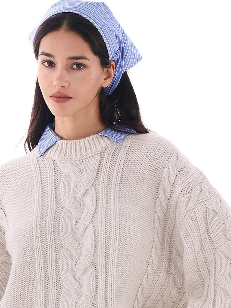 Oversize Chunky Cable Knit Detachable Striped Collar Women's Acrylic Shirts