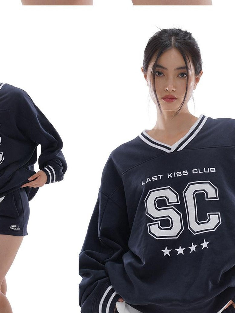 Oversized Heavy Embroidered Rugby V-neck Women's Cotton Blend Sweatshirts