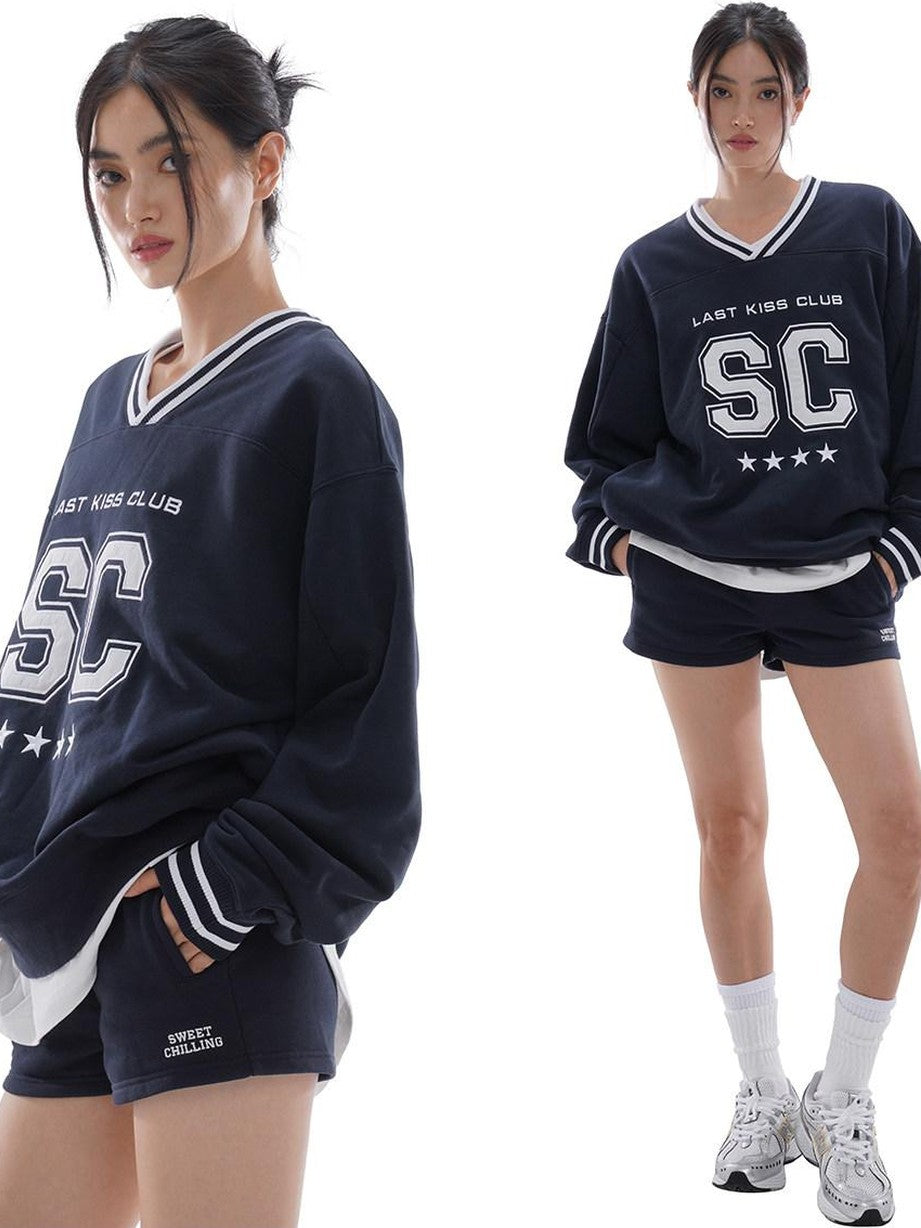Oversized Heavy Embroidered Rugby V-neck Women's Cotton Blend Sweatshirts