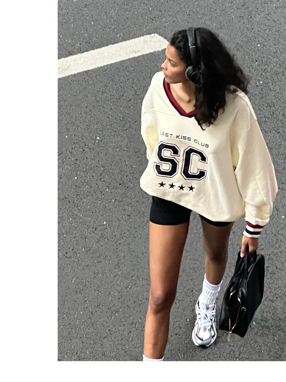 Oversized Heavy Embroidered Rugby V-neck Women's Cotton Blend Sweatshirts