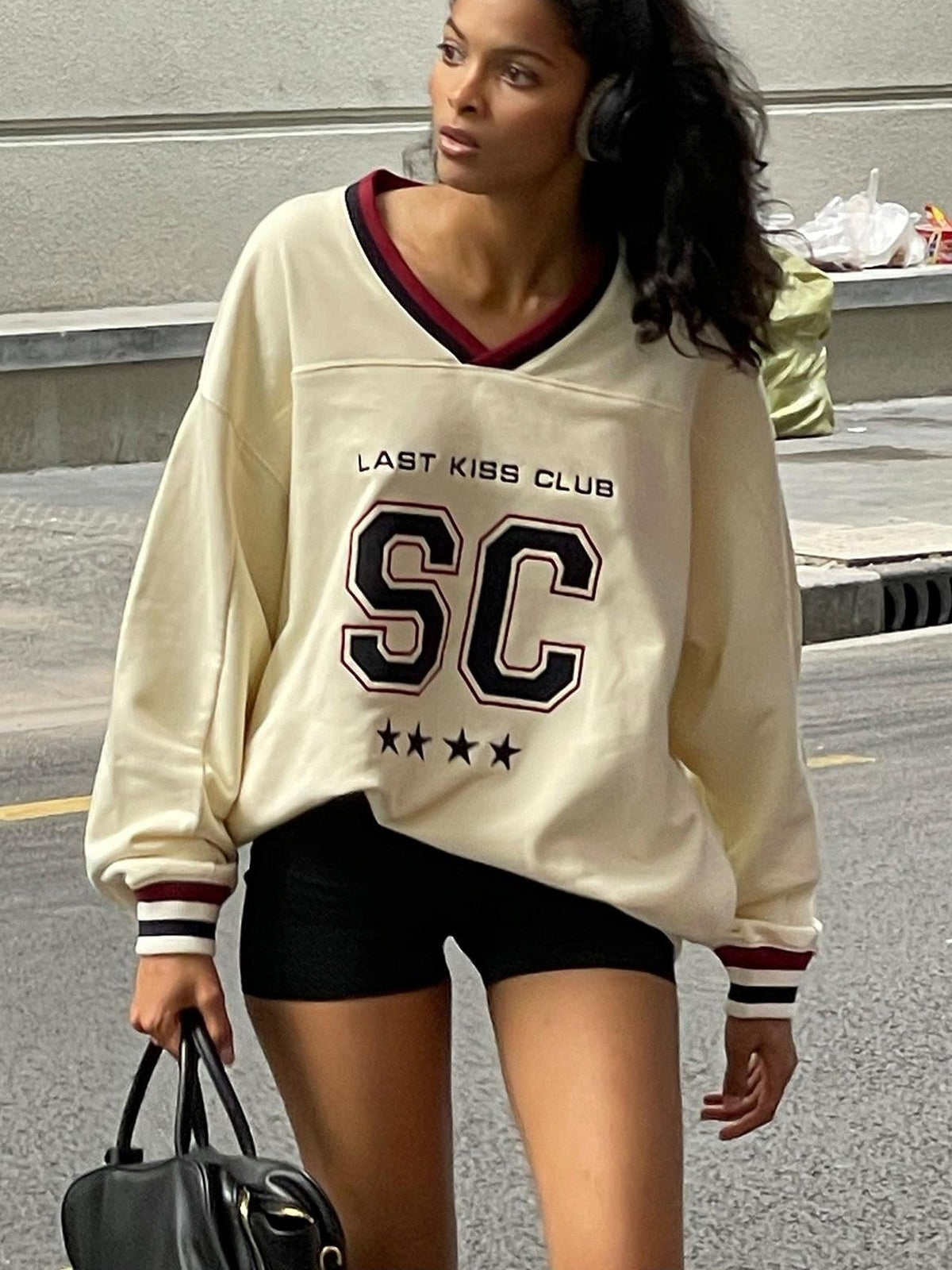 Oversized Heavy Embroidered Rugby V-neck Women's Cotton Blend Sweatshirts