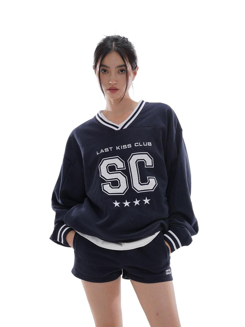 Oversized Heavy Embroidered Rugby V-neck Women's Cotton Blend Sweatshirts