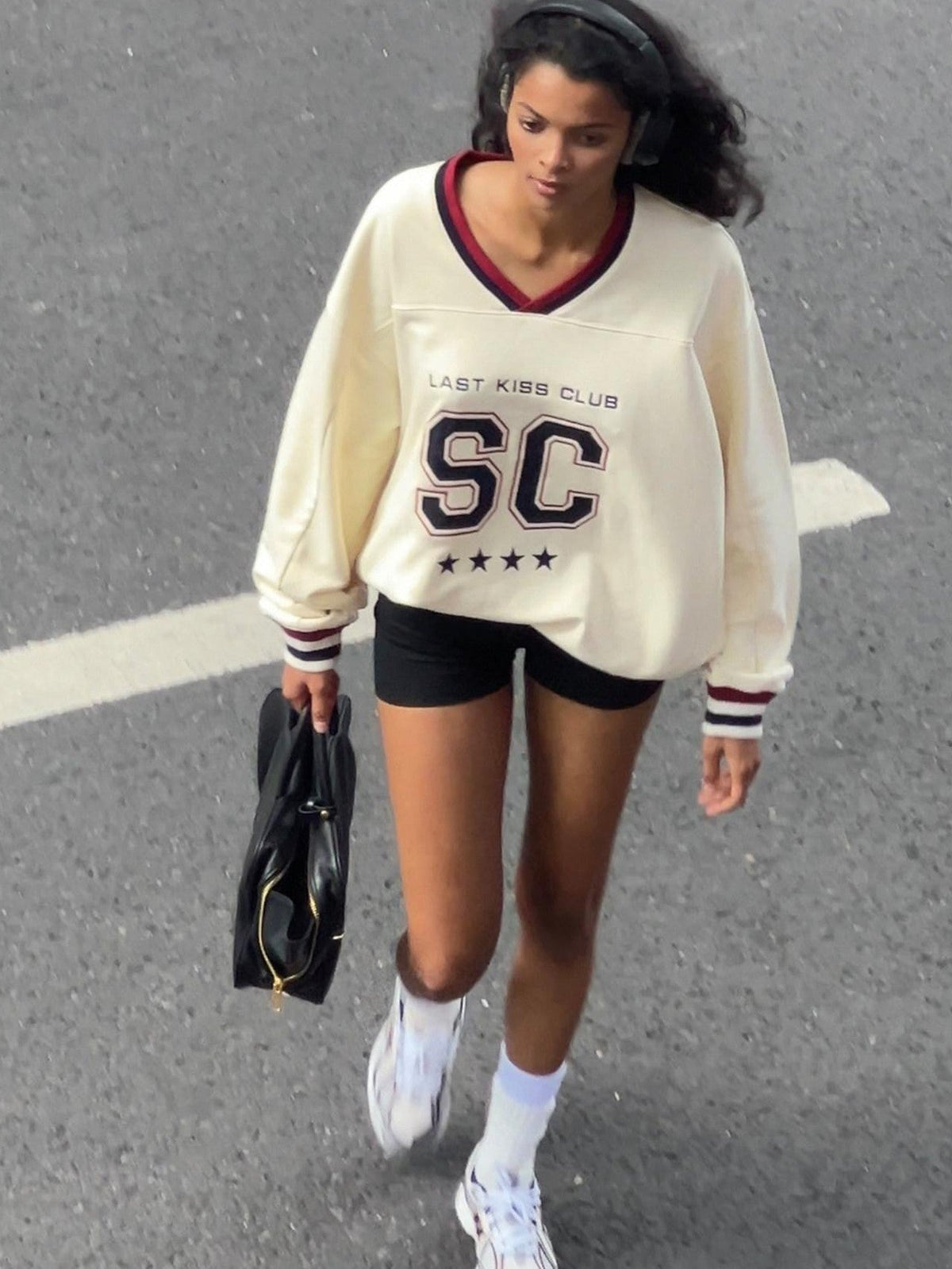 Oversized Heavy Embroidered Rugby V-neck Women's Cotton Blend Sweatshirts