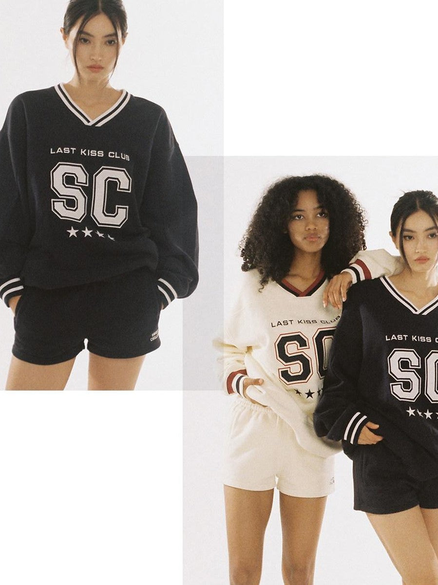 Oversized Heavy Embroidered Rugby V-neck Women's Cotton Blend Sweatshirts