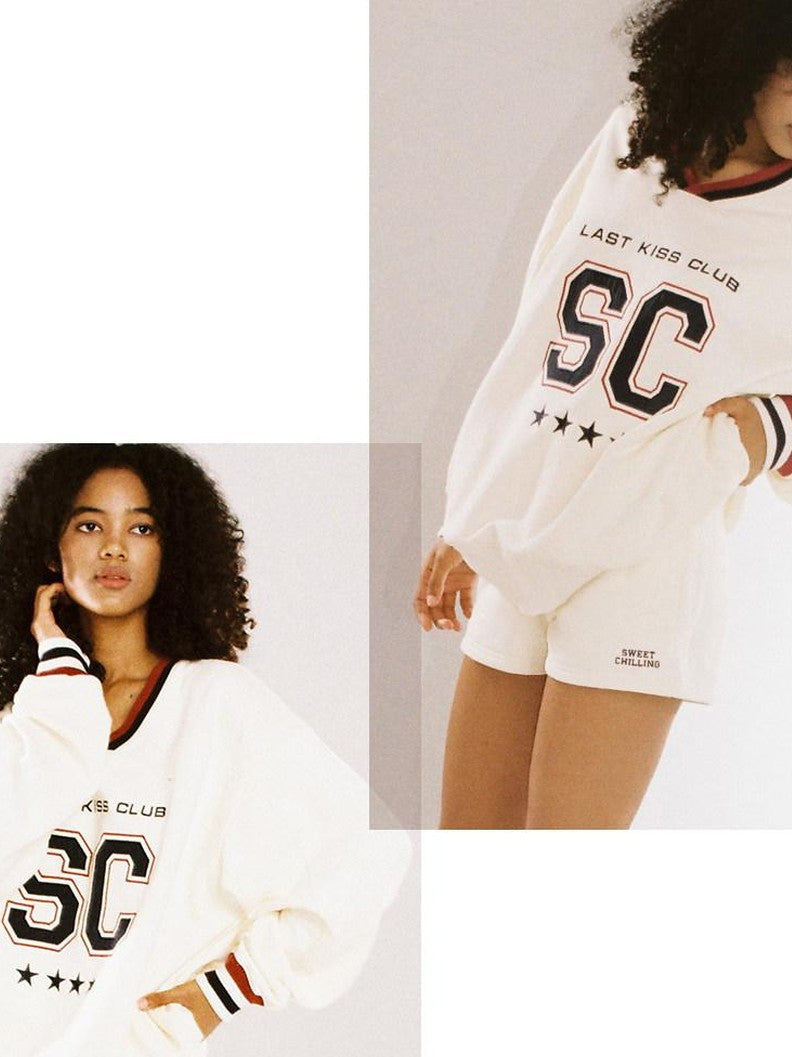 Oversized Heavy Embroidered Rugby V-neck Women's Cotton Blend Sweatshirts