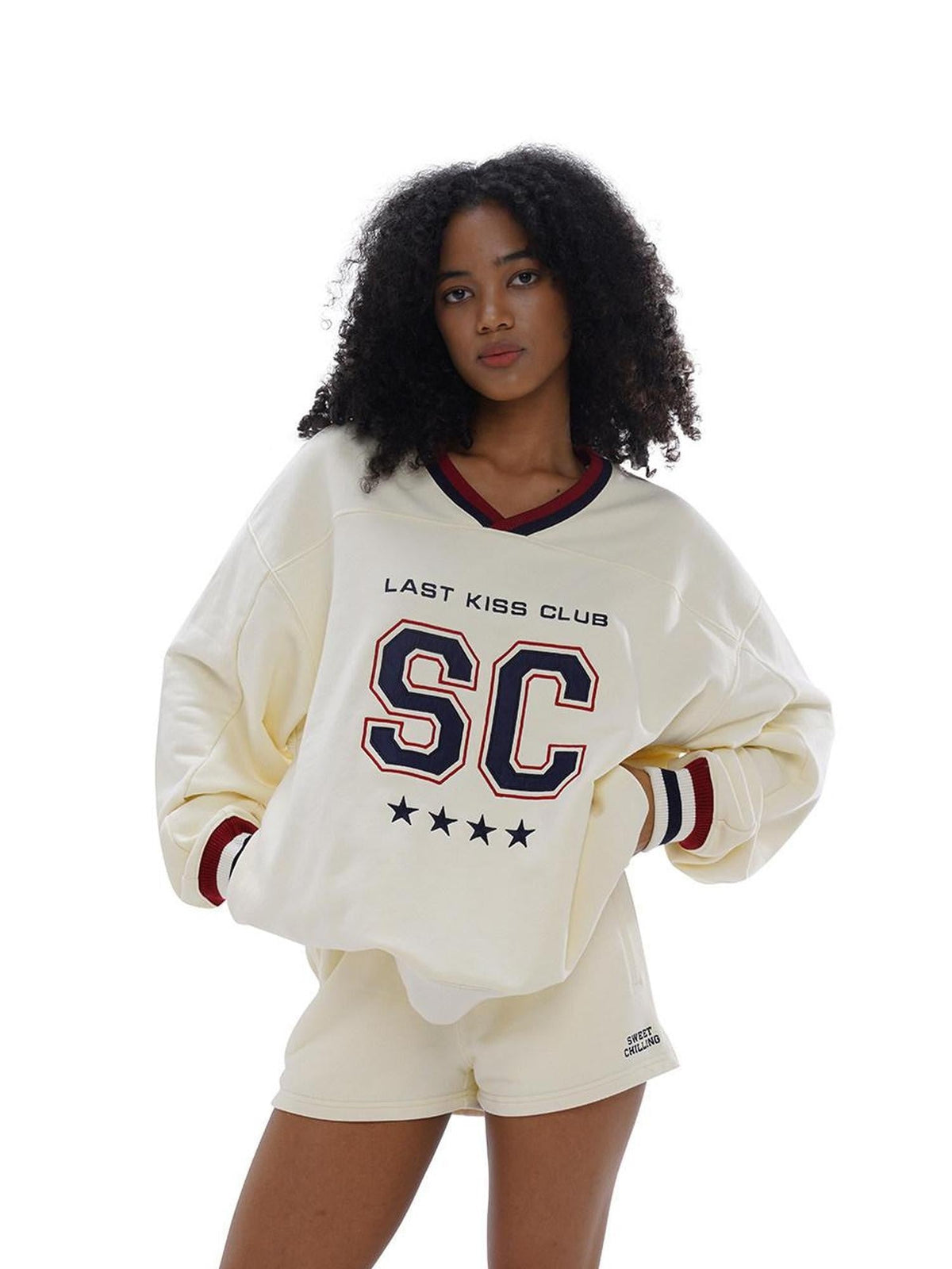 Oversized Heavy Embroidered Rugby V-neck Women's Cotton Blend Sweatshirts