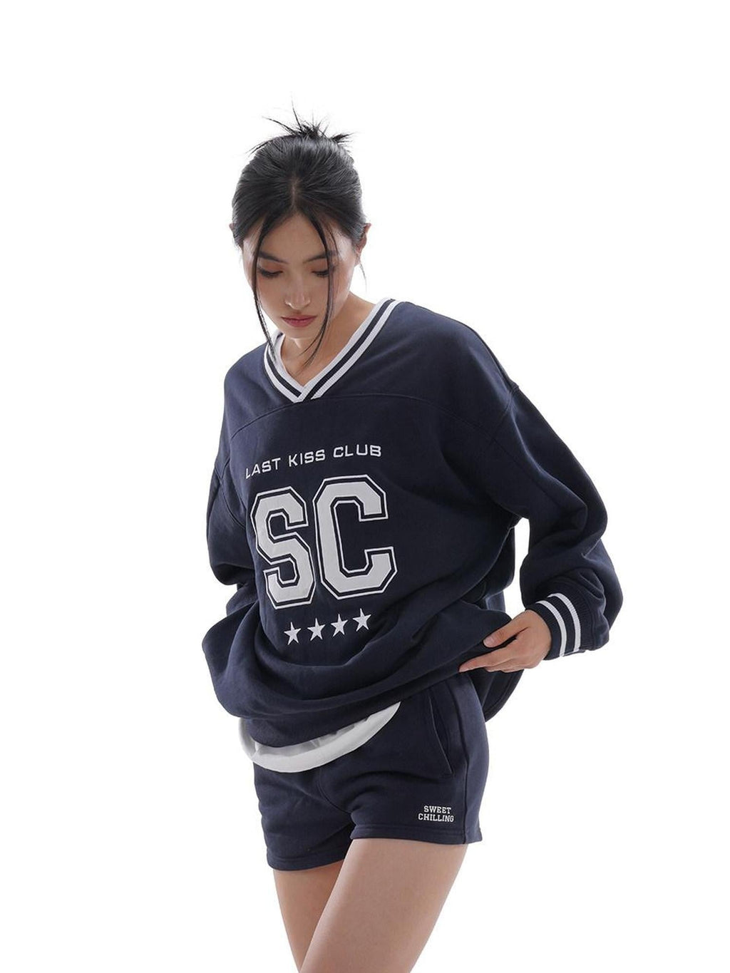 Oversized Heavy Embroidered Rugby V-neck Women's Cotton Blend Sweatshirts