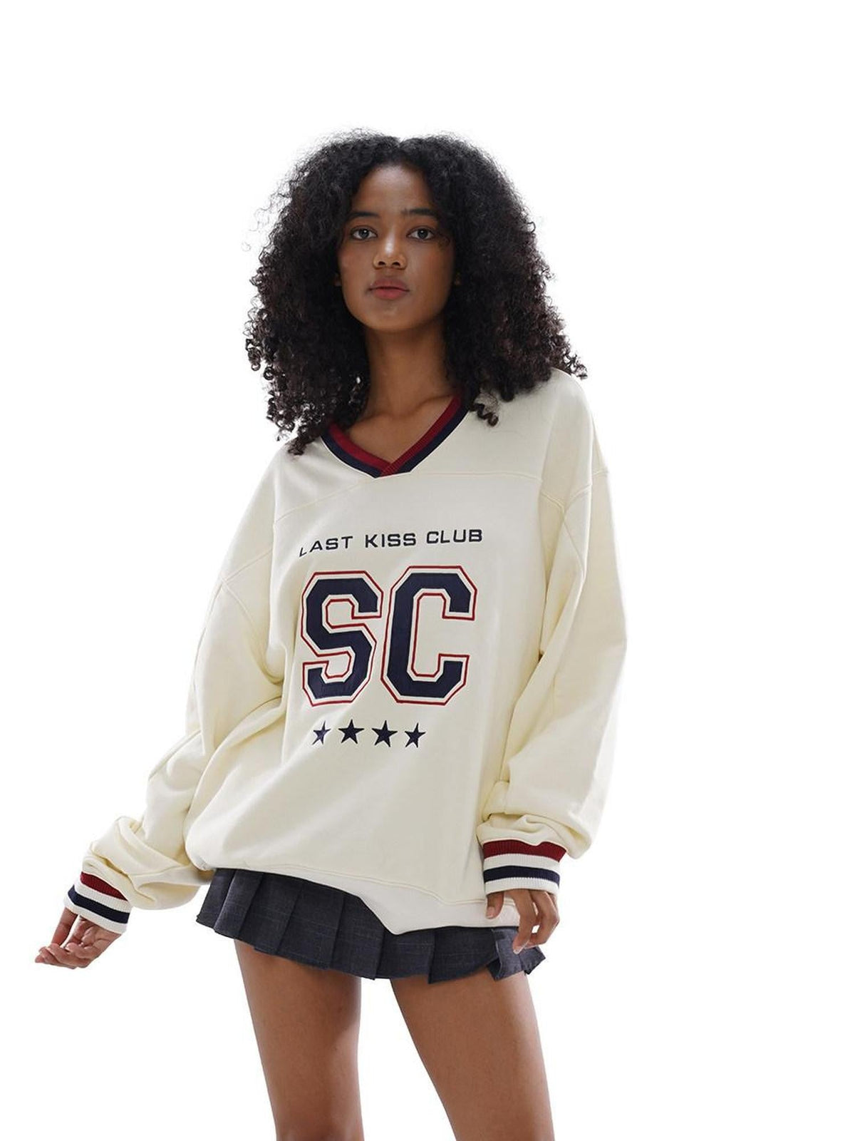 Oversized Heavy Embroidered Rugby V-neck Women's Cotton Blend Sweatshirts