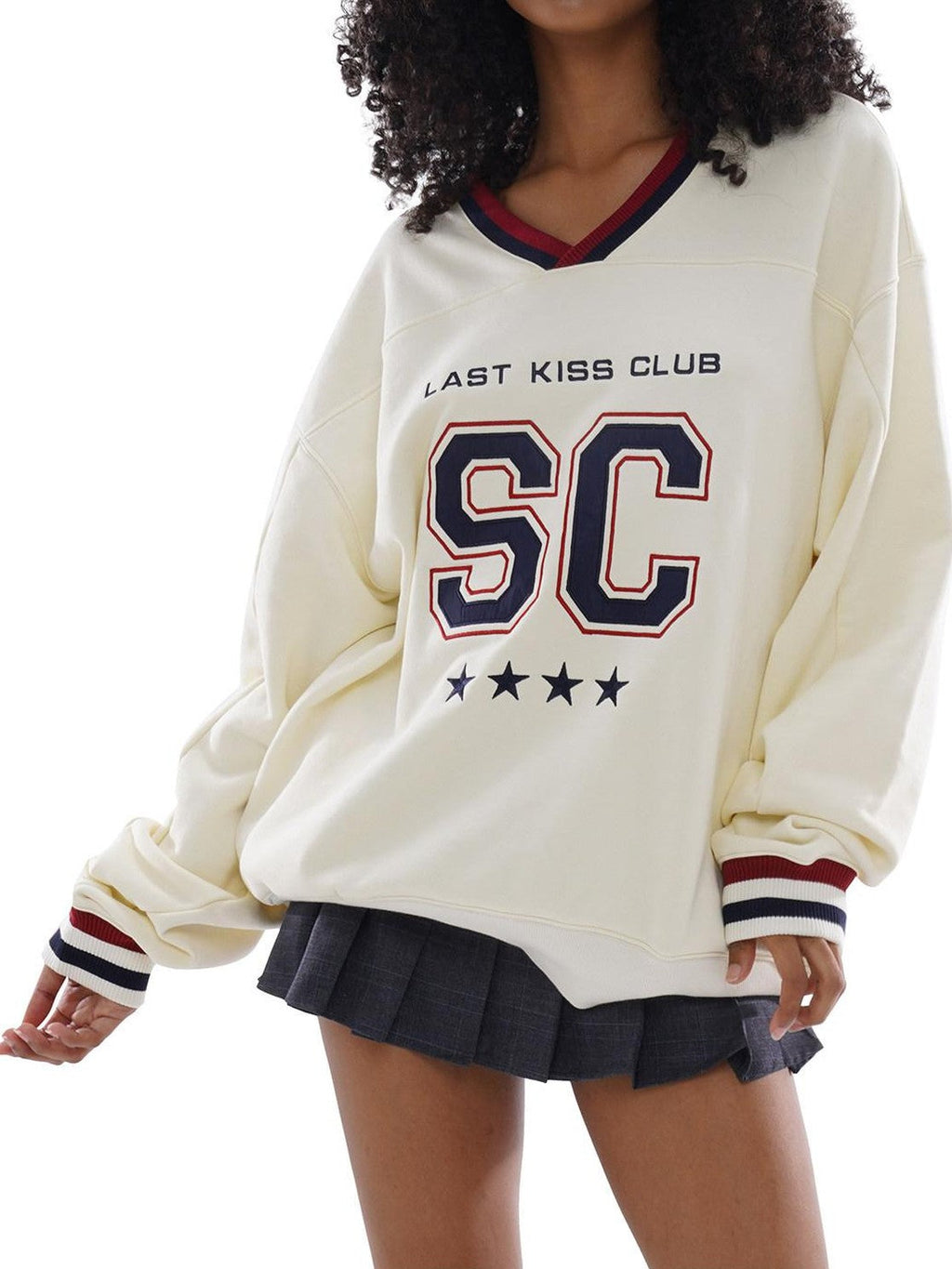 Oversized Heavy Embroidered Rugby V-neck Women's Cotton Blend Sweatshirts
