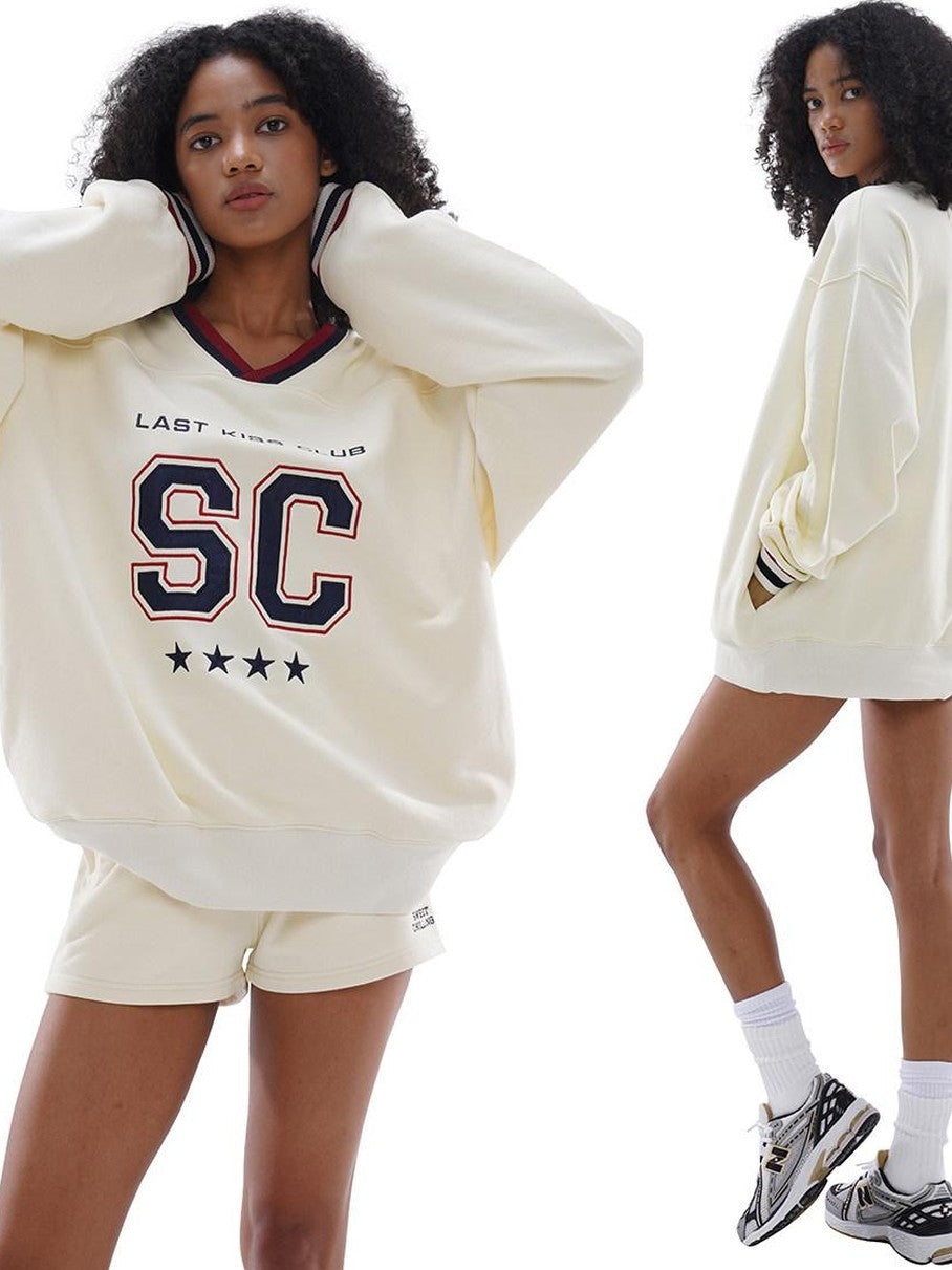 Oversized Heavy Embroidered Rugby V-neck Women's Cotton Blend Sweatshirts