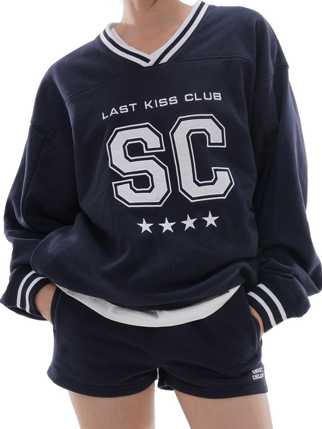 Oversized Heavy Embroidered Rugby V-neck Women's Cotton Blend Sweatshirts