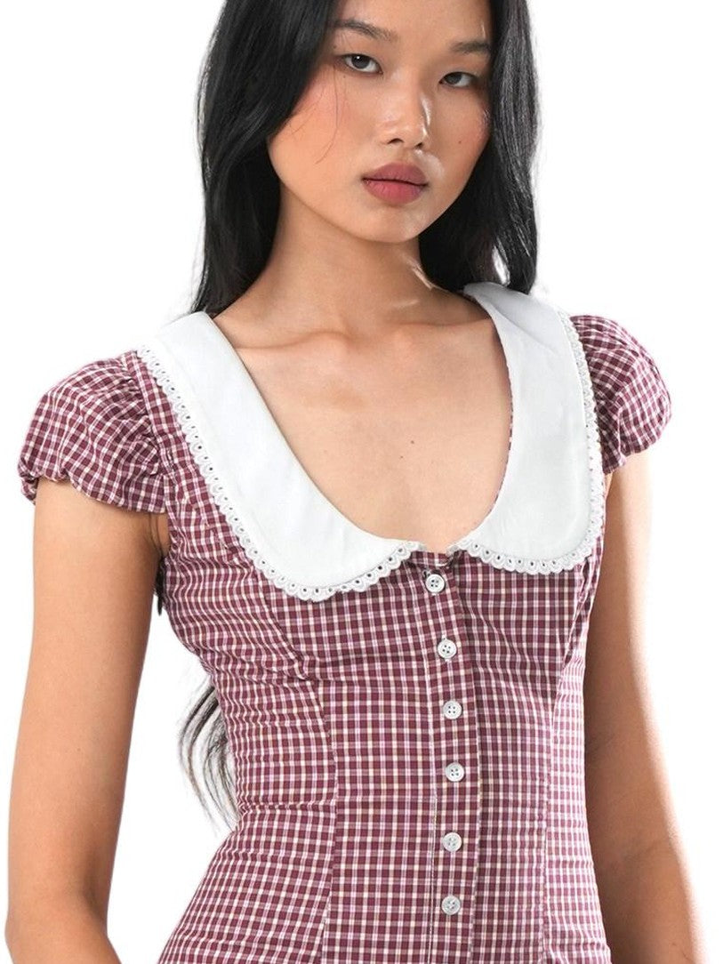 Plaid Contrast Collar Waist Cinching Women's Cotton Corset Mini Dresses