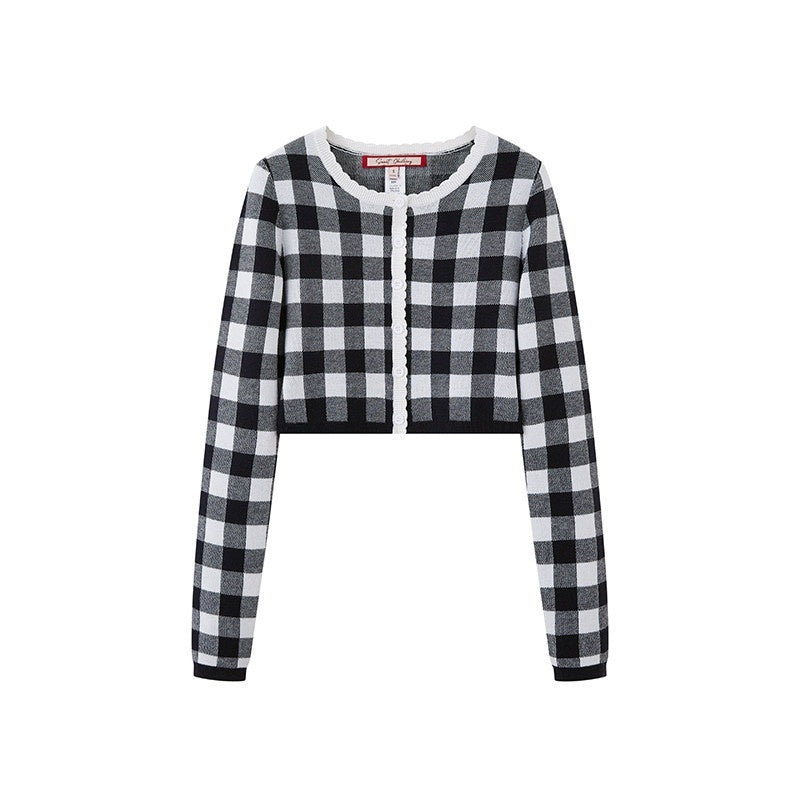 Plaid Knit Long Sleeve Cardigan A Line Women's Wool Blend Matching Skirt Sets
