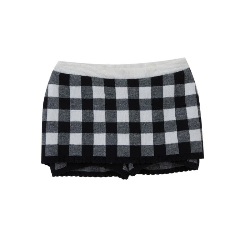 Plaid Knit Long Sleeve Cardigan A Line Women's Wool Blend Matching Skirt Sets