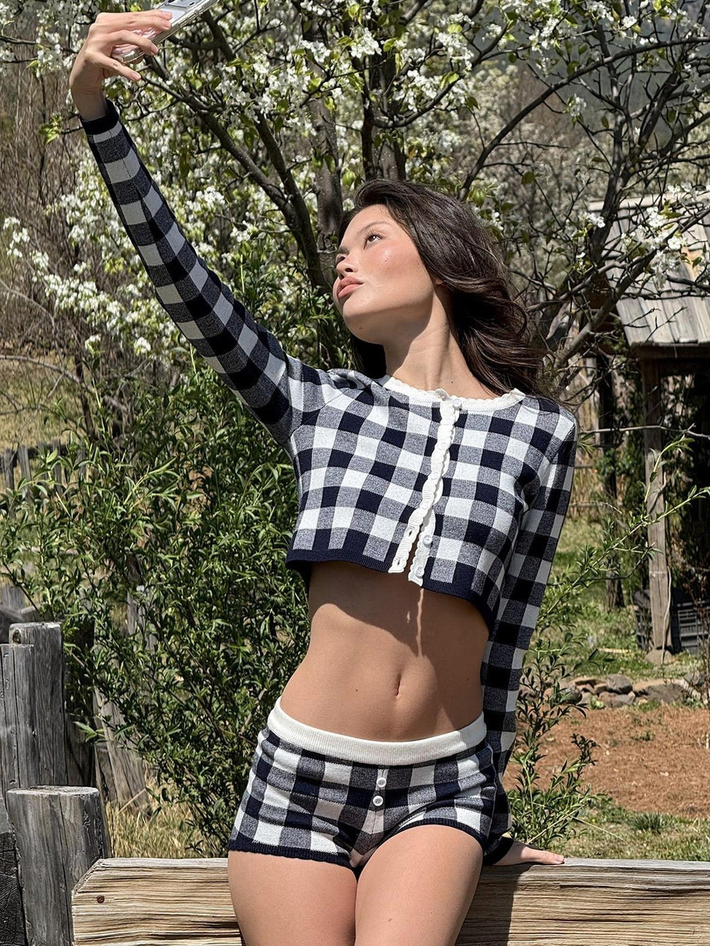 Plaid Knit Long Sleeve Cardigan A Line Women's Wool Blend Matching Skirt Sets