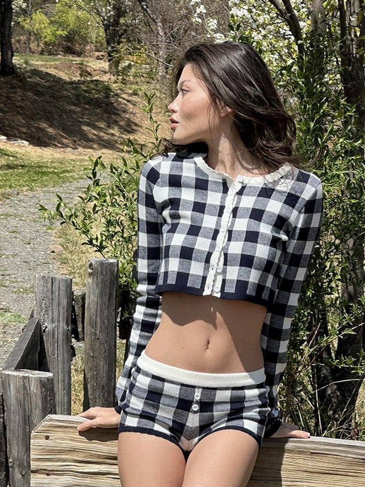 Plaid Knit Long Sleeve Cardigan A Line Women's Wool Blend Matching Skirt Sets