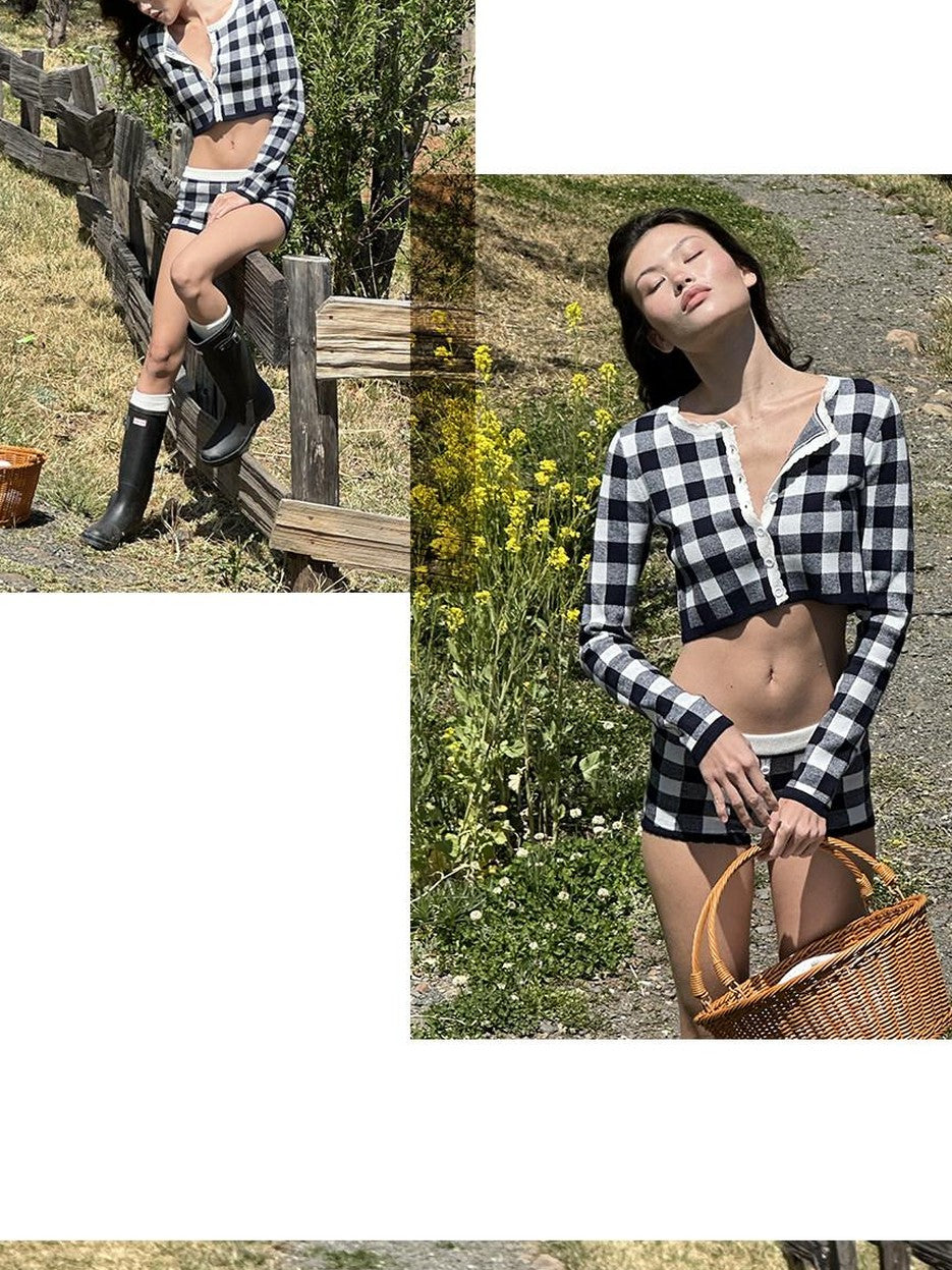 Plaid Knit Long Sleeve Cardigan A Line Women's Wool Blend Matching Skirt Sets