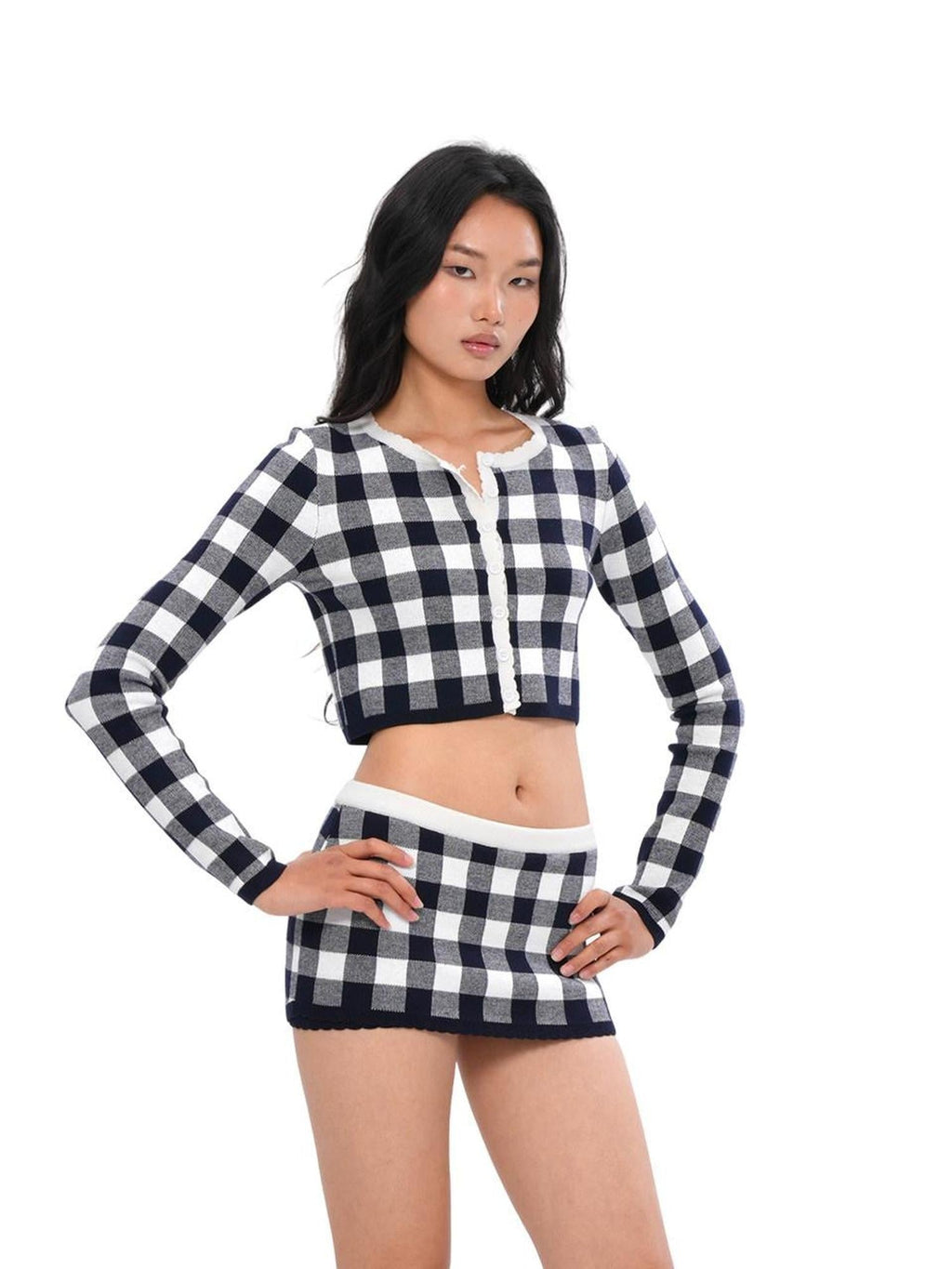 Plaid Knit Long Sleeve Cardigan A Line Women's Wool Blend Matching Skirt Sets