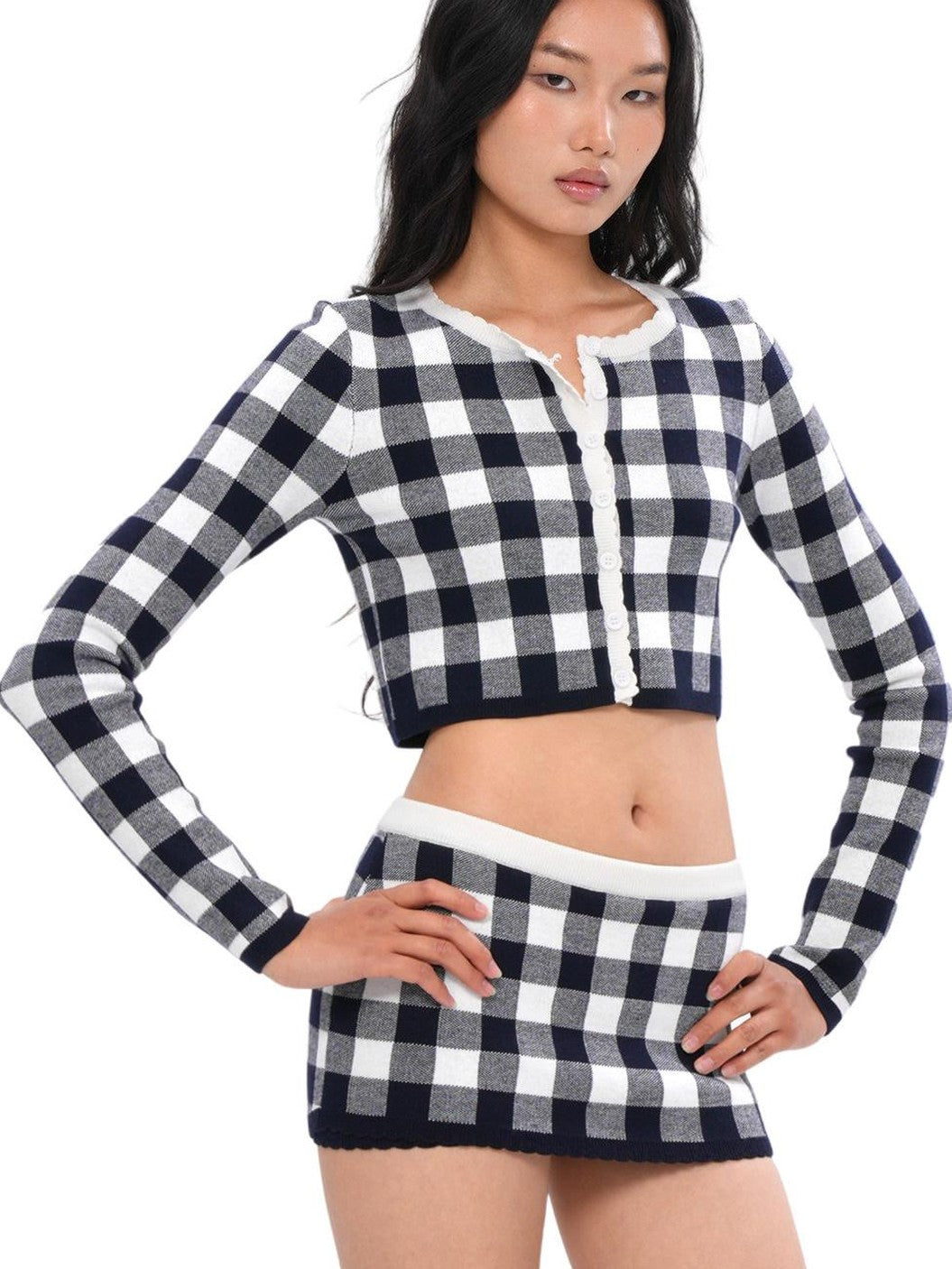 Plaid Knit Long Sleeve Cardigan A Line Women's Wool Blend Matching Skirt Sets