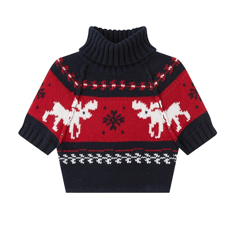 Reindeer High Neck Cropped Short Sleeve Women's Wool Blend Matching Skirt Sets