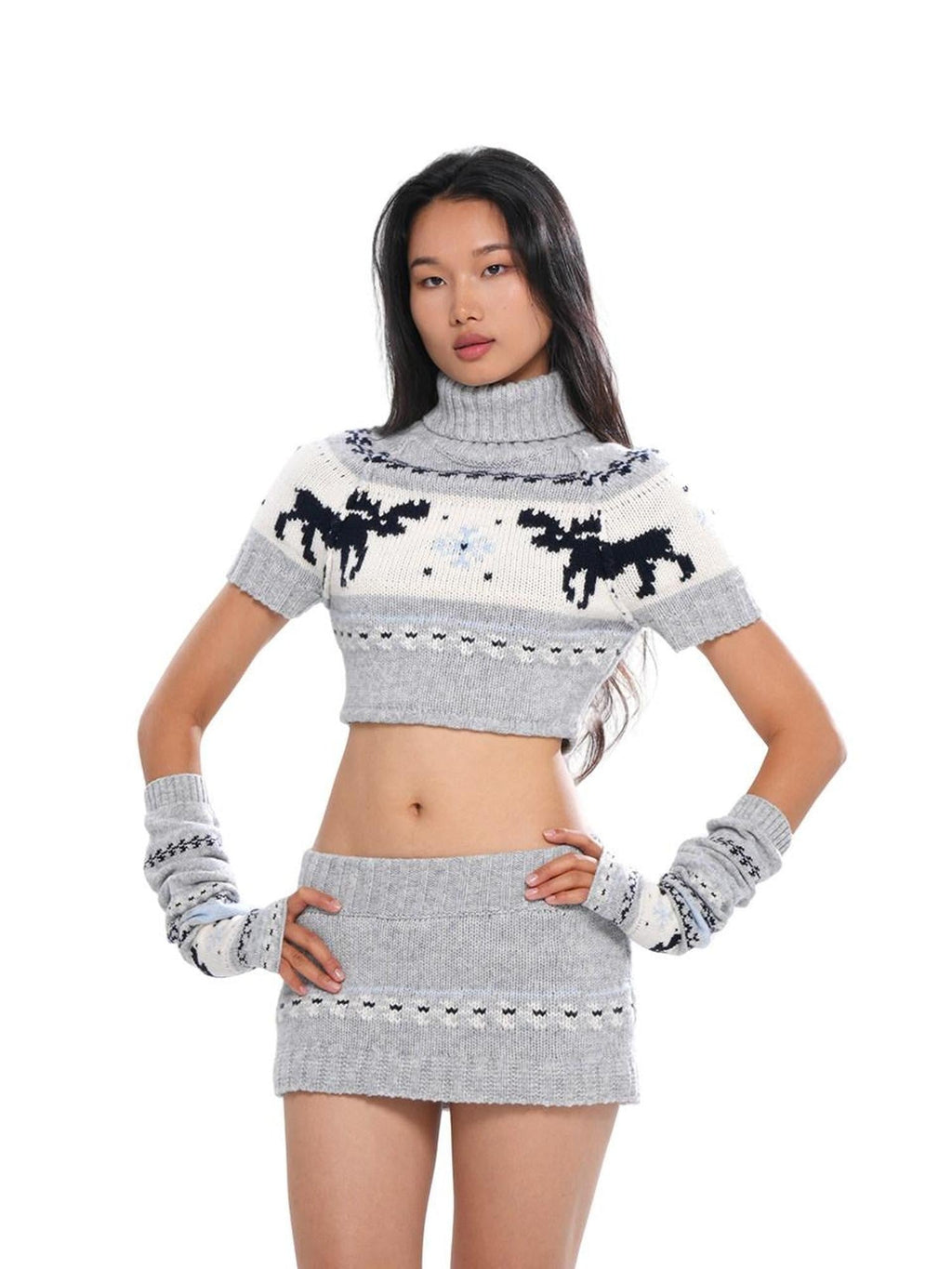 Reindeer High Neck Cropped Short Sleeve Women's Wool Blend Matching Skirt Sets