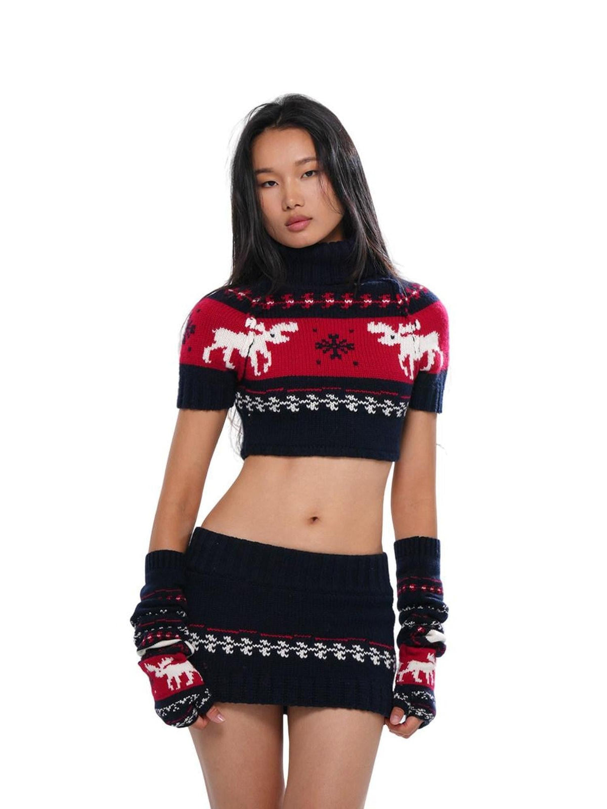 Reindeer High Neck Cropped Short Sleeve Women's Wool Blend Matching Skirt Sets