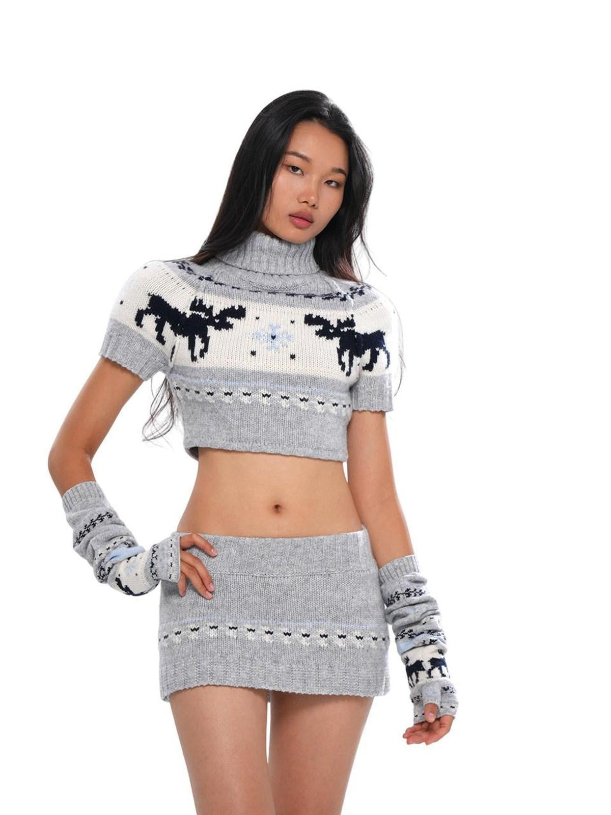 Reindeer High Neck Cropped Short Sleeve Women's Wool Blend Matching Skirt Sets